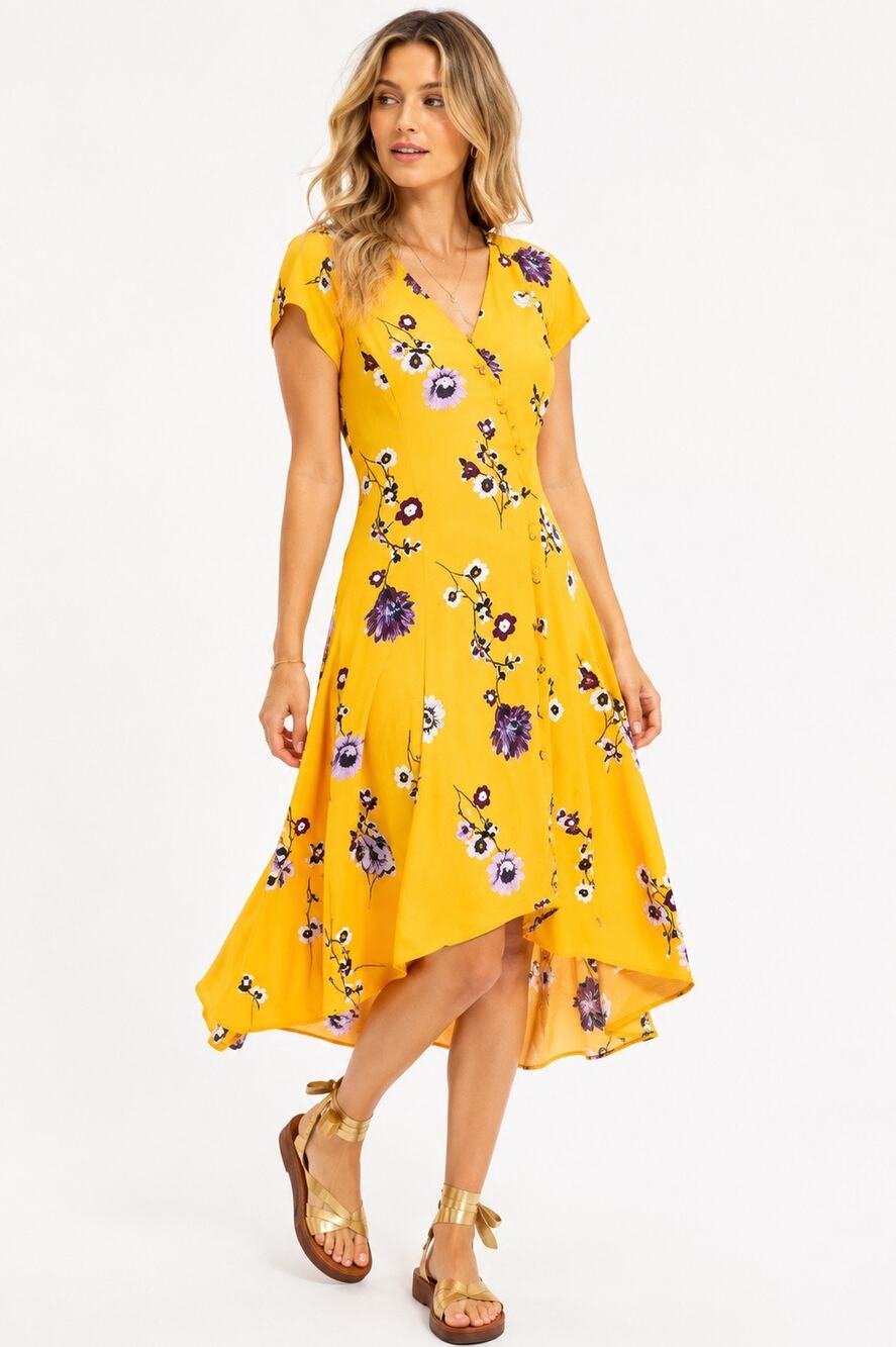 Free People Lost In You Yellow Floral Hi Low Midi Dress Boho Button Front XS